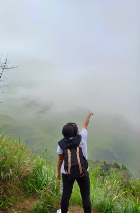 there is a man that is standing on a hill pointing, pointing to heaven, with fog, walking above the clouds and fog, arm reaching out of thick fog, fog!!!, girl standing on mountain, in the clouds, fog!, reaching towards the heavens, in the bottom there a l...