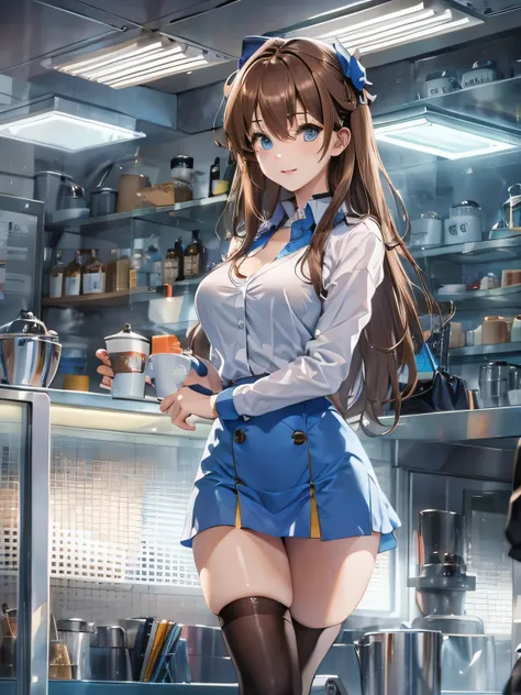 (photorealistic:1.8, highest quality:1.8,8K masterpiece:1.8,High resolution,muste piece:1.8,RAW Photos,cinematic lighting),No split screen、morning、Good Morning、The coffee shop of the future、
（A 23-year-old female clerk brewing coffee:1.5)、（choker、uniform、m...