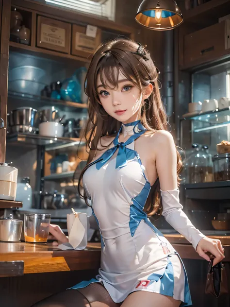 (photorealistic:1.8, highest quality:1.8,8K masterpiece:1.8,High resolution,muste piece:1.8,RAW Photos,cinematic lighting),No split screen、morning、Good Morning、The coffee shop of the future、 （A 23-year-old female clerk brewing coffee:1.5)、（choker、uniform、m...