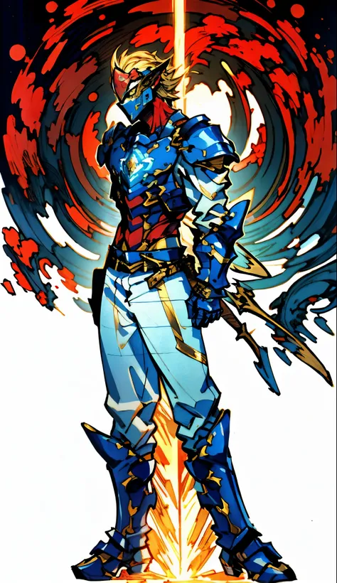 A man with short golden hair slicked back, his face entirely obscured by a Dynastinae concept mask, full mask, cold gaze, clad in an indigo blue fantasy-style Dynastinae concept chest plate, his arms and legs are clad in matching armor, he wears a white un...