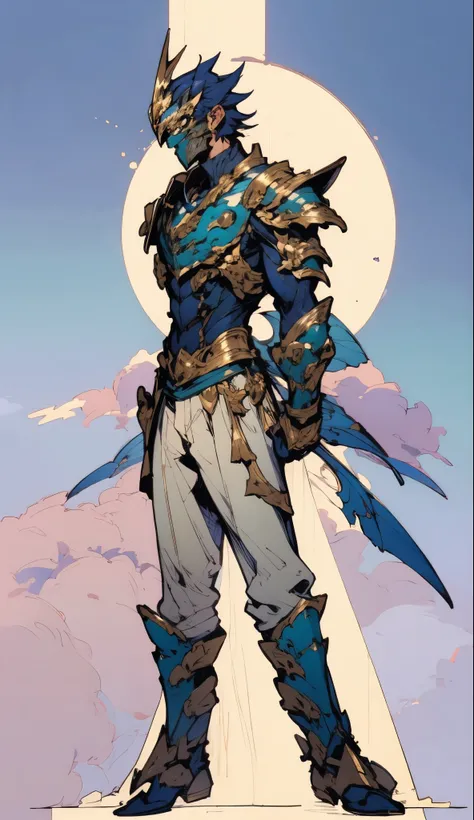 A man with short golden hair slicked back, his face entirely obscured by a Dynastinae concept mask, full mask, cold gaze, clad in an indigo blue fantasy-style Dynastinae concept chest plate, his arms and legs are clad in matching armor, he wears a white un...