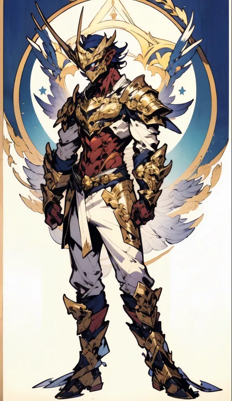 A man with short golden hair slicked back, his face entirely obscured by a Dynastinae concept mask, full mask, cold gaze, clad in an indigo blue fantasy-style Dynastinae concept chest plate, his arms and legs are clad in matching armor, he wears a white un...