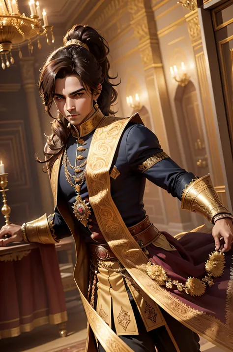 young prince in a palace, luxury royal palace, volumetric lighting, 8k resolution, photorealistic, ultra-high quality, opulent detailed background, medium length dark brown hair, messy ponytail, wearing a fancy royal indian battle armor, having fun, runnin...