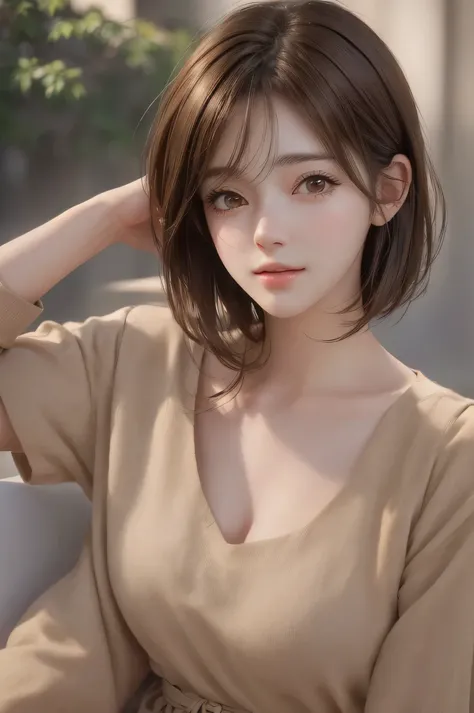 short hair、short hair、outdoor、Warm daytime、bright、Close up portrait of a woman with brown hair and brown shirt。, cute realistic portrait, Realistic anime 3d style, Photorealistic anime girl rendering, realistic 3d animation, realistic art style, 8K portrai...