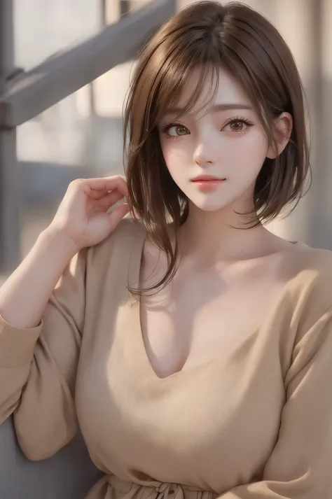 short hair、short hair、outdoor、Warm daytime、bright、Close up portrait of a woman with brown hair and brown shirt。, cute realistic portrait, Realistic anime 3d style, Photorealistic anime girl rendering, realistic 3d animation, realistic art style, 8K portrai...