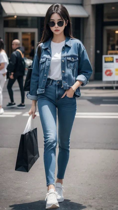 a beautiful girl is walking in a shopping center, wearing a white t-shirt tucked into black jeans, wearing a blue jean jacket, wearing sneakers, wearing sun glasses and carrying a bag on her shoulder, gaze focused on the front, full body shot, super detail...