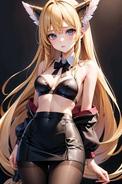 lease, blonde、long hair、suit figure、pantyhose、Photo from below、medium chest、bootini skirt、blouse、pencil skirt、black bra