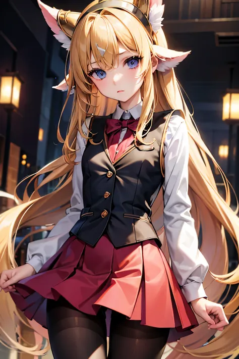 lease, blonde、long hair、suit figure、pantyhose、photo from below、medium chest、bootini skirt、blouse、vest、headband