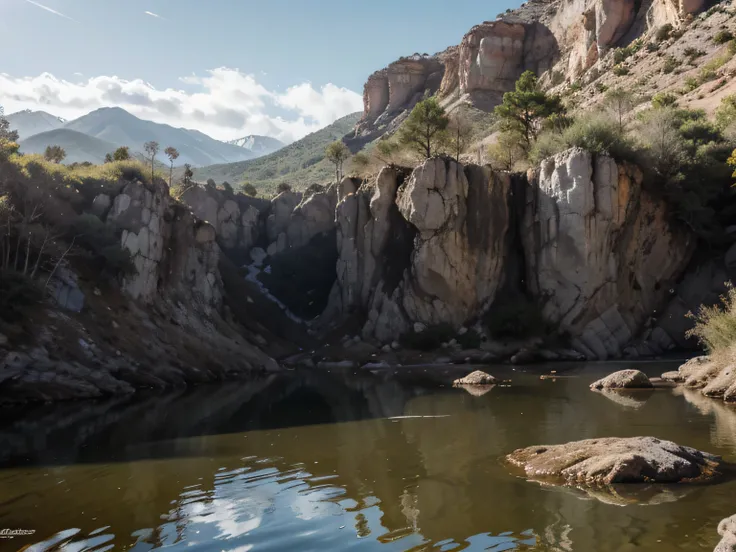 paisaje magico con abundantes cactus y plantas de desierto,cliff white rocks of different sizes,quarry mountain walls,rayos de luz celestiales atravezando, laguna de agua cristalina con transparencias ,piedras dentro y afuera del agua,Artes oscuras, foto r...