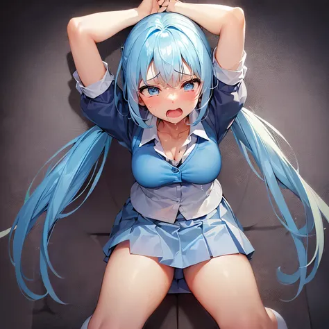 (highest quality())classroom,whole body,looking at the camera,One cute 16 year old girl,(solo),(female student uniform,blazer,Light blue short skirt),nsfw,tears,cry,Light blue hair blue eyes, face,twin tails, thigh-high socks,blush, (school-loafer:1.4)、tea...