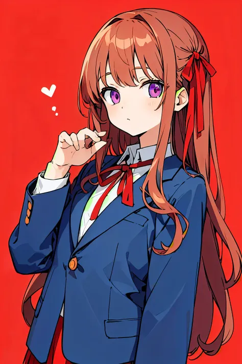 (masterpiece, highest quality) 1 girl, alone, Otaku, colorful flat coloring, warm, brown long hair、Red ribbon on dark blue blazer 、red-purple eyes、