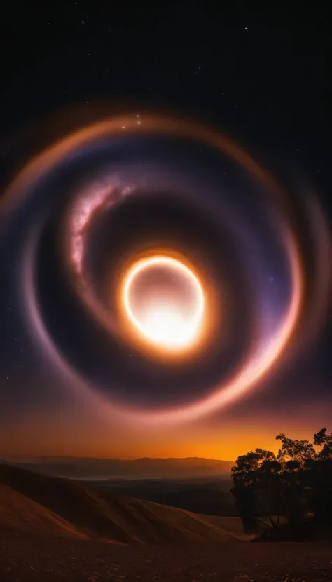 (A huge black hole appears in the sky:1.3)，in a panoramic view，（plethora of colors，Best quality，high detal，tmasterpiece，cinmatic lighting，4K，Chiaroscuro）