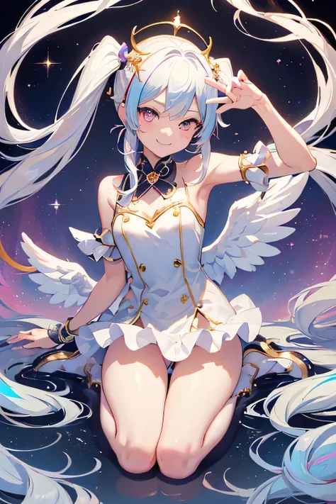 (Chibi: 1.3) (Masterpiece: 1.4), (Best Quality: 1.4), (Very Cute Angel Girl, Super Detailed Face, Jewel-like Eyes, White Very Long Hair, Colorful Gradient Hair: 1.4), (Angel Ring: 1.4), (Angel Wings: 1.4), (Full body, perfect 2 arms, perfect 2 legs: 1.4), ...