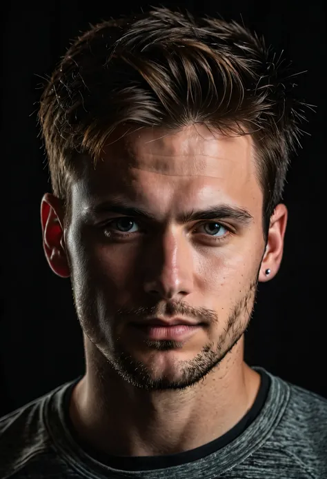 A portrait of a man, young, 30 years old, alone, with piercing eyes, detailed face, high details, photography, dark studio, rim light, Nikon D850, 50mm, f/1.4