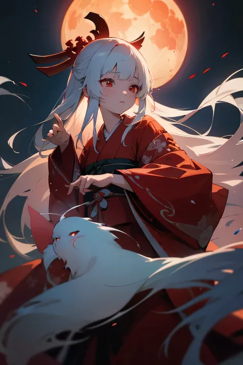 shrine maiden of ancient japanese shrine, cute , kimono, long white hair, ruby red eyes, Princess, Kaguya, full moon, Haori, , summon spirits and ghosts, Ghosts and spirits fly around her, at night, very detailed, vivid appearance, creative action, very de...