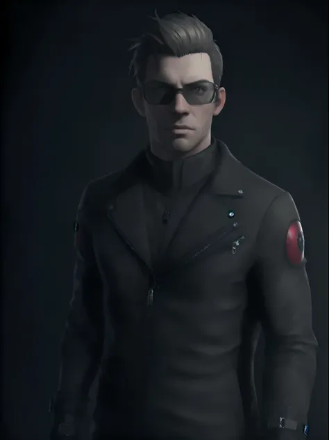 male from Resident Evil 5, 35 year old, tall, hunk, lean muscle, square-shaped face, wearing small black shades, thin dirty blond hair, slicked back hairstyle, tidy hair, cold face expression, viewer looking, black long coat, black zipped clothes, red eyes...