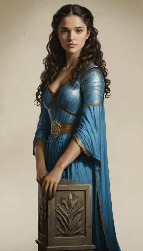 An illustrated movie poster, hand-drawn, full color, a Westerosi teenage girl, wearing a regal chiton, golden brown complexion, azure blue eyes, dark hair, long loose curls, waist-length hair, posing on a pedestal, hard shadows, graphite shading, stencil m...