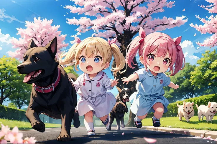 light blue long hair、Chibi character with twin tails、dynamic mode、Labrador retriever and five puppies, Running through a park with cherry blossoms in full bloom、blue sky、White cloud