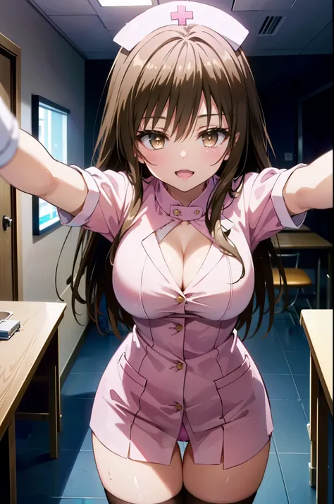 yuikotegawa, yui kotegawa, black hair, (brown eyes:1.5),big breasts,happy smile, smile, open your mouth, long hair,transparent and pink latex, Thighhighs, cleavage,  pink panties, nurse cap, nurse, pink gloves, sexy pose,
break indoors, Examination room,
b...