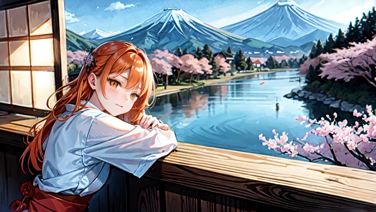 1 girl,orange hair, (sketch:1.2),High definition, (midnight:1.4),Dozing off,(Japanese style:1.4)Mountain,river,cherry blossoms