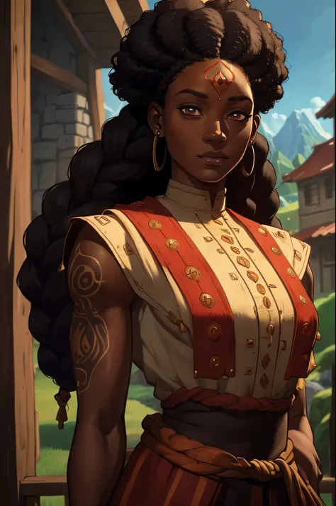 a dark skin woman, afro hair falling forward, Kind of rasta but braided, red tattoos on arms, (wearing like a NPC for a Medieval RPG), confident expressions, at small village, | (8k, RAW photo, best quality, masterpiece:1.2), ultra-detailed, (high detailed...