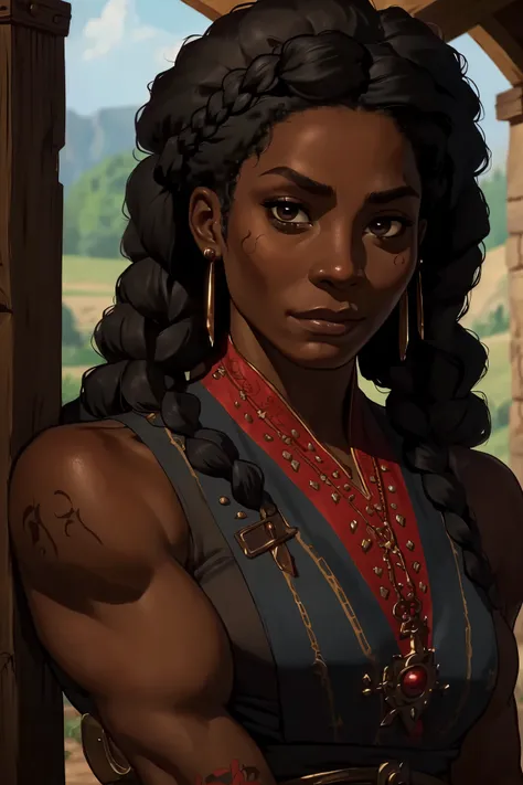 a dark skin woman, afro hair, dread braids, red tattoos on arms, (wearing like a npc for a medieval rpg), confident expressions,...