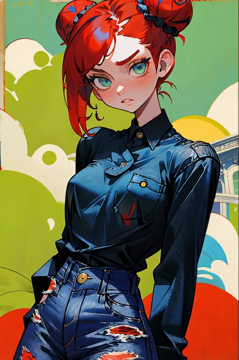 ((red hair)), green eyes, half bun hair, bust, ((curious look)), ((masterpiece)), ((detailed)), ((black shirt)), ((blue jeans)),...