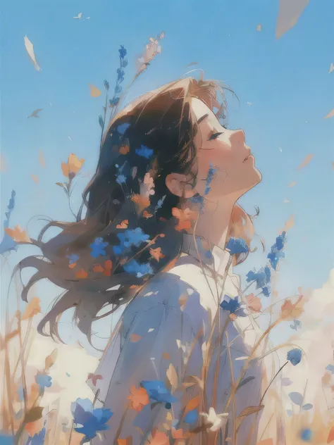 Woman standing in a flower field with her hair blowing in the wind, Art Jereum and A.T. Gailan, by 양J, makoto shinkai cyril rolando, beautiful animation art, beautiful animation artwork, beautiful animation, beautiful animation portrait, girl in flowers, L...