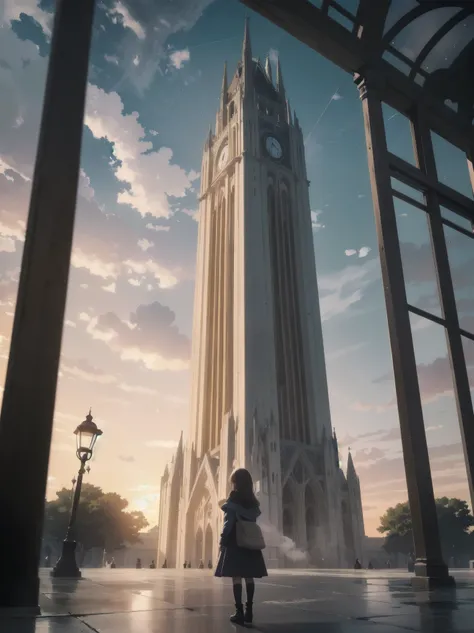 Girl looking up Scene 1: Twilight tower shadow The girl stands quietly against the sky, which is dyed an azure colour. Towering up in front of her is a huge structure called the Tower of Babel. Its form, which seems to pierce through the clouds, seems as i...