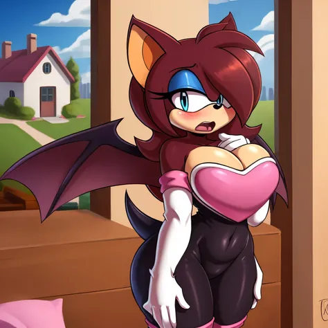 Female, Mobian, Hedgehog, Maroon fur, (long hair/quills), breasts, standing, solo, 1girl, blue eyes, masterpiece, best quality, 1girl, solo, average sized breasts, ((looking at viewer)), furry, furry female, sonic the hedgehog (series), perfect anatomy, (r...