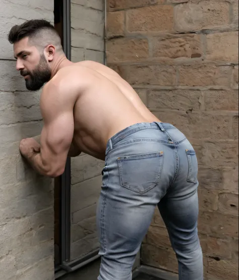  male, vaquero musculoso,  rostro, realista, foto cuerpo completo con jeans gris, barba corta. Melendi backside bent over