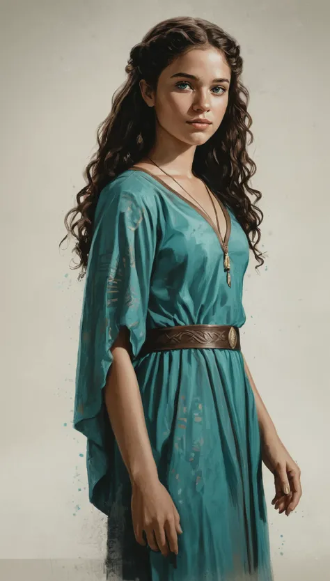 An illustrated movie poster, hand-drawn, full color, a Westerosi teenage girl, wearing a regal chiton, warm brown complexion, freckles, turquoise eyes, dark hair, long loose curls, waist-length hair, posing on a pedestal, hard shadows, graphite shading, st...