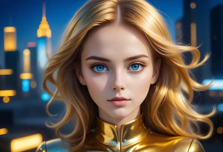 Beautiful girl with hair the color of metallic gold shine against the backdrop of the city of the future, The eyes are blue.