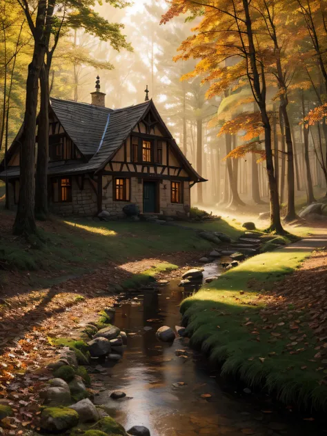 medieval village in a forest, several medieval buildings in a forest, deep dark forest, autumn forest, many houses, no sky, within the forest, golden light in medieval windows of the houses, mysterious forest, stone buildings, dark deep wild forest, first ...