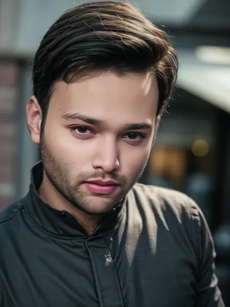 A beautiful young bearded man with highly detailed skin looking at the camera,8k,high res, soft light,no contrast,ultra realistic, photorealism.((real life photo,realistic:1.9, short beard:1)),(wearing black suits looking at right)