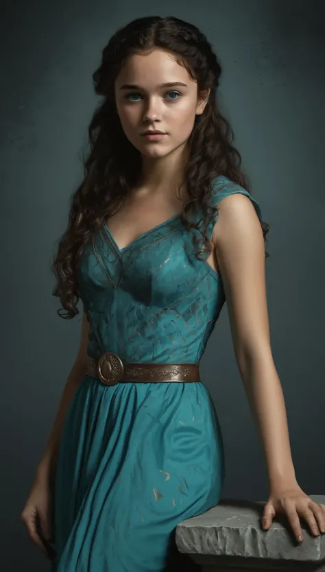 An illustrated movie poster, hand-drawn, full color, a Westerosi teenage girl, wearing a regal dress, warm brown complexion, freckles, turquoise eyes, dark hair, long loose curls, waist-length hair, posing on a pedestal, hard shadows, graphite shading, ste...