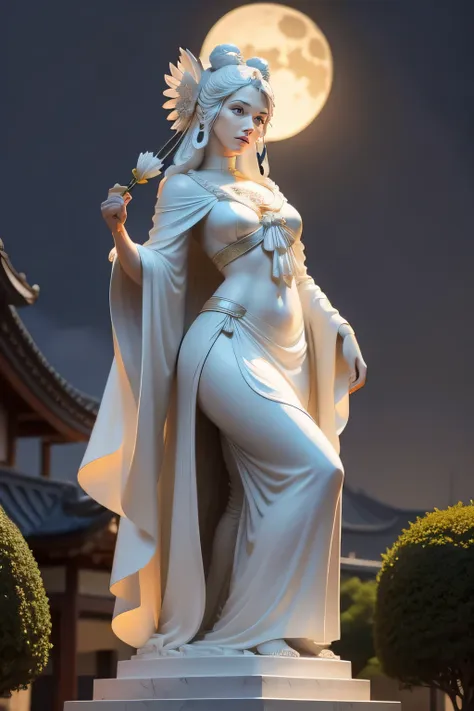 on the big moon，hair hanfu uomo，period costume，hair fluttering，the corners of the skirt fly，sky inspiration，lute statue in hand,...