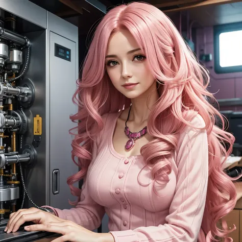 Beautiful mature woman with long curly hair pink color mechanical