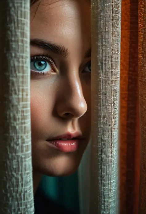 RAW photo, beautiful eyes, macro shot, masterpiece, peeking from behind curtains, colorful details, award winning, high detailed, 8k, natural lighting, analog film, detailed skin, amazing composition, intricate details, subsurface scattering, velus hairs, ...