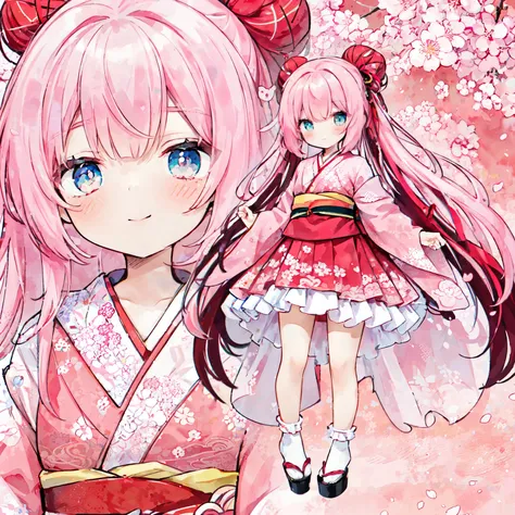 Cherry blossom blizzard background：1.8、One bun head、Transparent watercolor,Copic Art,girl,Jewel Eyes,Beautiful arrangements and motifs,Pink、A slight smile、depth of fields、Turn around and kiss、flowerfield background、
A girl wearing a kimono made of transpar...