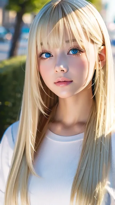 Sexy fresh appearance perfect beautiful cute pretty girl、Long bangs above the eyes、Long blonde hair in the center of the face、Super long blonde straight silky hair、Blonde hair flowing over a beautiful face、Very cute beautiful sexy young little woman、very p...