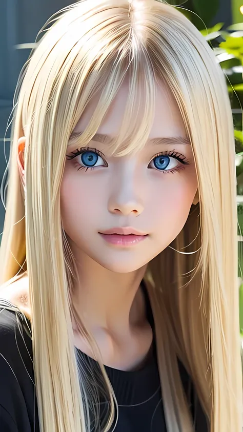 Sexy fresh appearance perfect beautiful cute pretty girl、Long bangs above the eyes、Long blonde hair in the center of the face、Super long blonde straight silky hair、Blonde hair flowing over a beautiful face、Very cute beautiful sexy young little woman、very p...