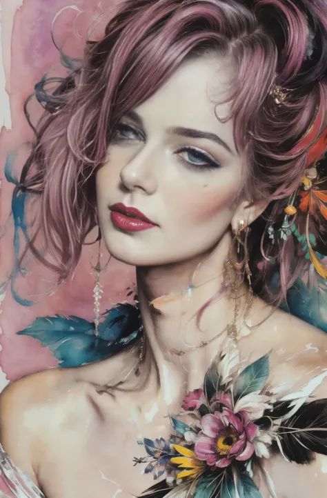 Painting of a woman with a magenta and white face, pretty much beautiful face, unparalleled beauty, Birdland Lullaby, Sylvia Pelissero watercolors, tumbler, figurative art, intense watercolor, watercolor detailed art, watercolor splash, surreal, avant-gard...