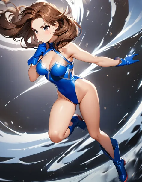 1girl, solo, solo focus, a female superhero spins in place like a tornado, spinning like a tornado, twirling into a cyclone, medium breasts, leotard, red and blue leotard, bare legs, boots, matching boots, gloves, matching gloves, brown hair, full body, ti...