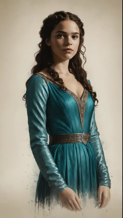 An illustrated movie poster, hand-drawn, full color, a Westerosi teenage girl, wearing a regal gown, warm brown complexion, freckles, turquoise eyes, dark hair, long loose curls, waist-length hair, posing on a pedestal, hard shadows, graphite shading, sten...