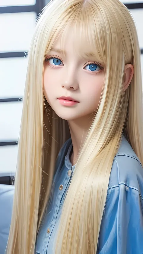 Sexy fresh appearance perfect beautiful cute pretty girl、Long bangs above the eyes、Long blonde hair in the center of the face、Super long blonde straight silky hair、Blonde hair flowing over a beautiful face、Very cute beautiful sexy young little woman、very p...