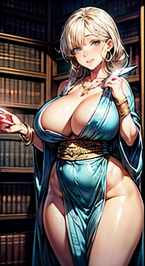 Masterpiece, Best Quality, (((Solo mature woman Janet))), (((platinum blonde hair))), long braided Ponytail, (((wide hips))), (((light blue eyes))), full lips, seductive smile, cleavage, sitting on wooden throne, (((bookshelves, candles))) sunset, blushing...