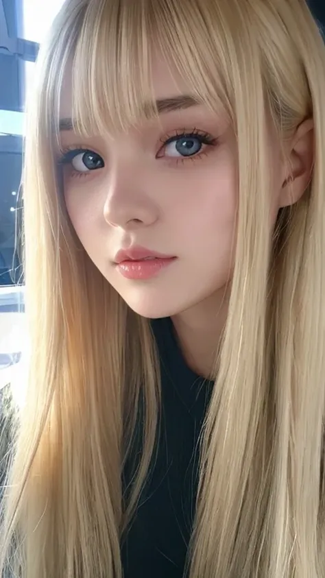 sexy fresh appearance perfect beautiful cute pretty girl、long bangs above the eyes、long blonde hair in the center of the face、su...