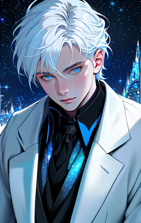 close up face, european face, white man, shoulder-length white hair, tuquoise blue eyes, black pants and blue dress shirt. starr...