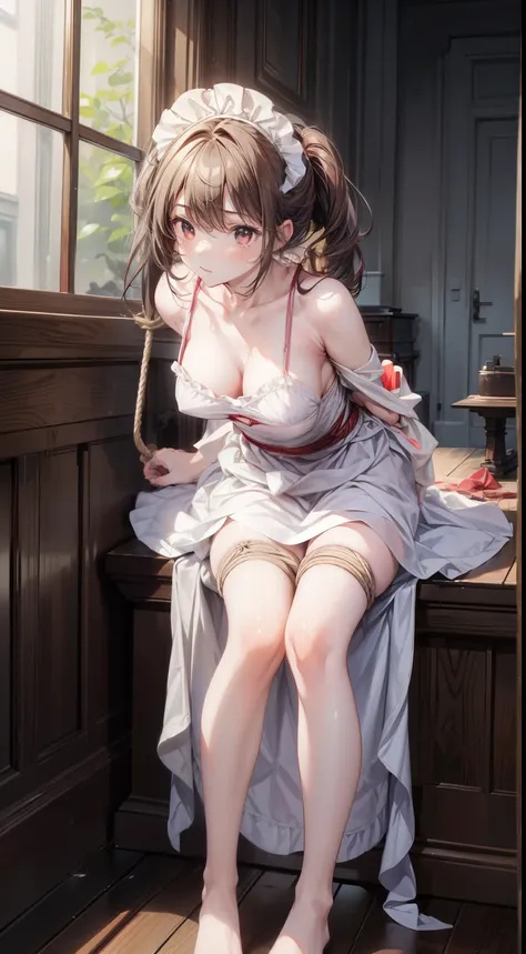 ((masterpiece, highest quality)), (1 girl), suspension,Down, rope, maid dress, tied arms, indoors, bondage, shibari, turn your arms behind your back, restrained, abdomen, leaning forward, feet, brown hair, big breasts, (maid),Two-dimensional beautiful girl